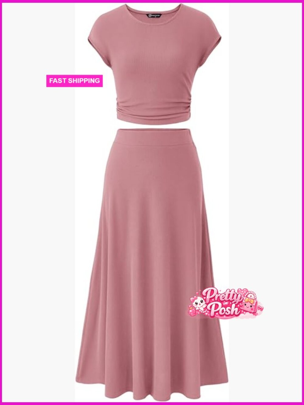 Two Piece Skirt Set Women Cap Sleeve Crop Top Midi Skirt Knit Travel Outfit